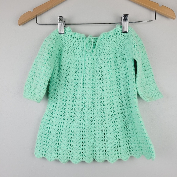 Infant Baby Crochet Dress And Sweater Set Hand Crafted Green And Yellow - Picture 5 of 16